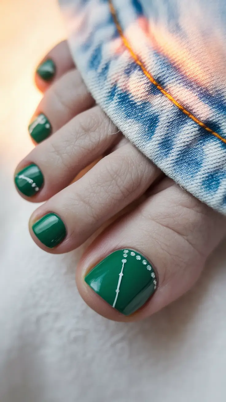 Fall Seasonal Toe Nails for October 2025 Emerald Green with Dainty Accents