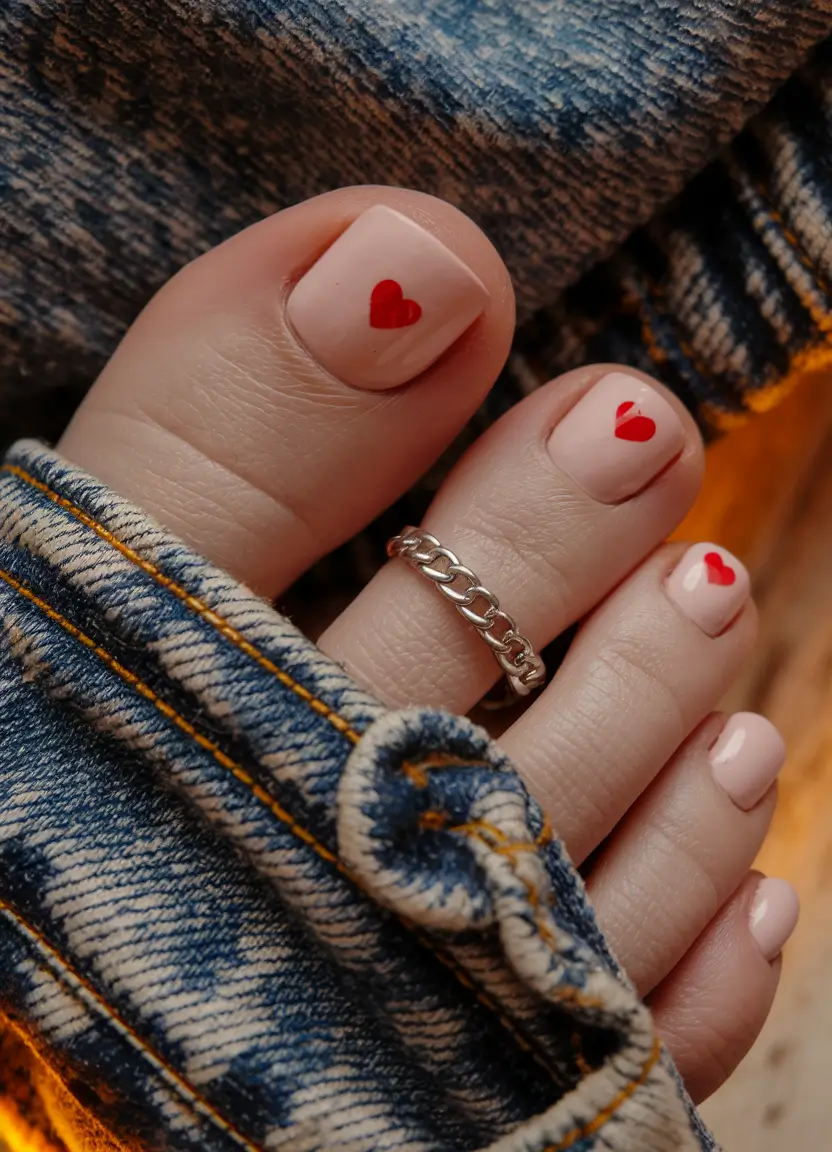 Fall Seasonal Toe Nails for October 2025 Playful Hearts on Nude Base