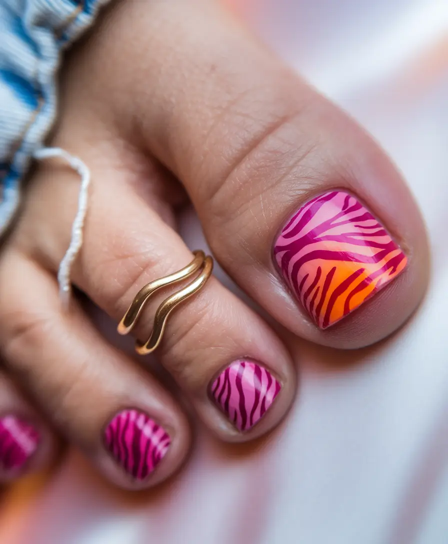 Fall Seasonal Toe Nails for October 2025 Vibrant Zebra Sunset