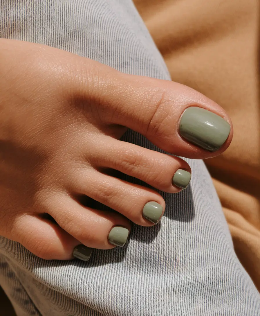 Fall Seasonal Toe Nails for October 2025 Olive Green Simplicity