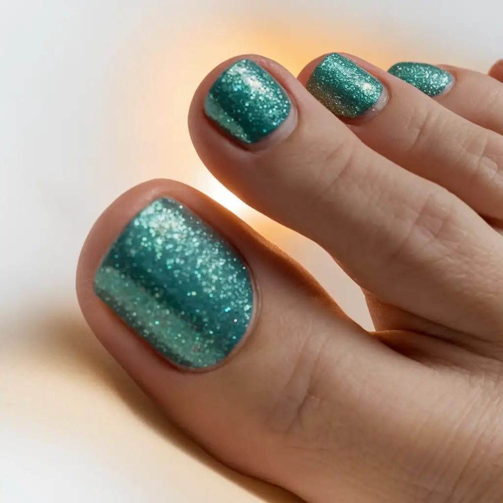 Fall Seasonal Toe Nails for October 2025 Glittering Teal for Evening Glow