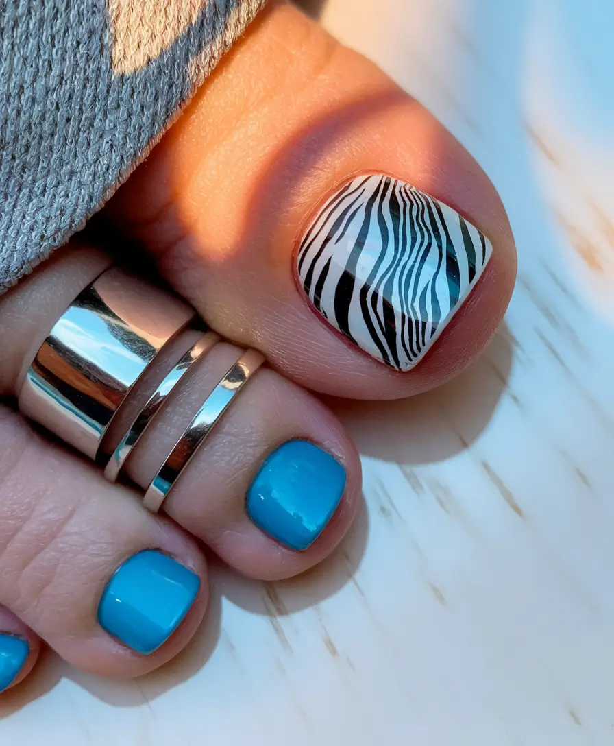 Fall Seasonal Toe Nails for October 2025 Zebra Stripes with Sky Blue Pop