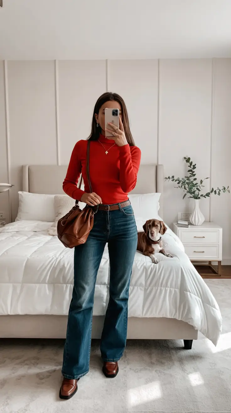 Fall to Winter 2025 Outfit Ideas Red Knit & Retro Denim