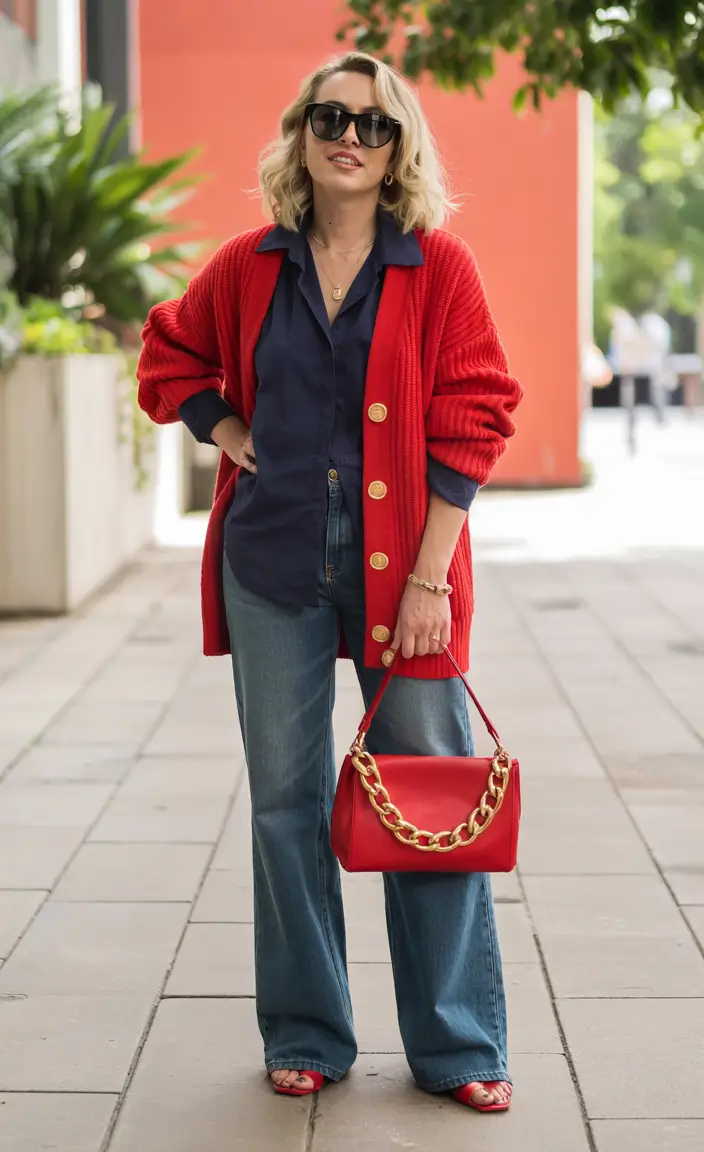 Fall to Winter 2025 Outfit Ideas Red Cardigan Pop