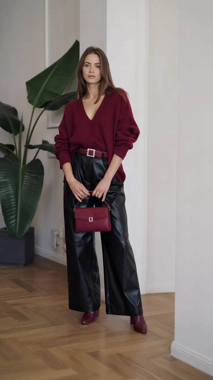 Fall to Winter 2025 Outfit Ideas Deep Burgundy & Leather Contrast