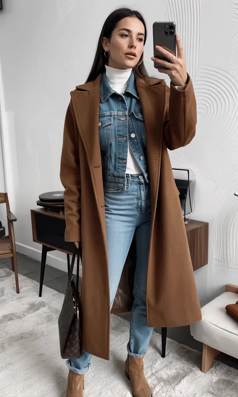 Fall to Winter 2025 Outfit Ideas Layered Denim & Camel Coat