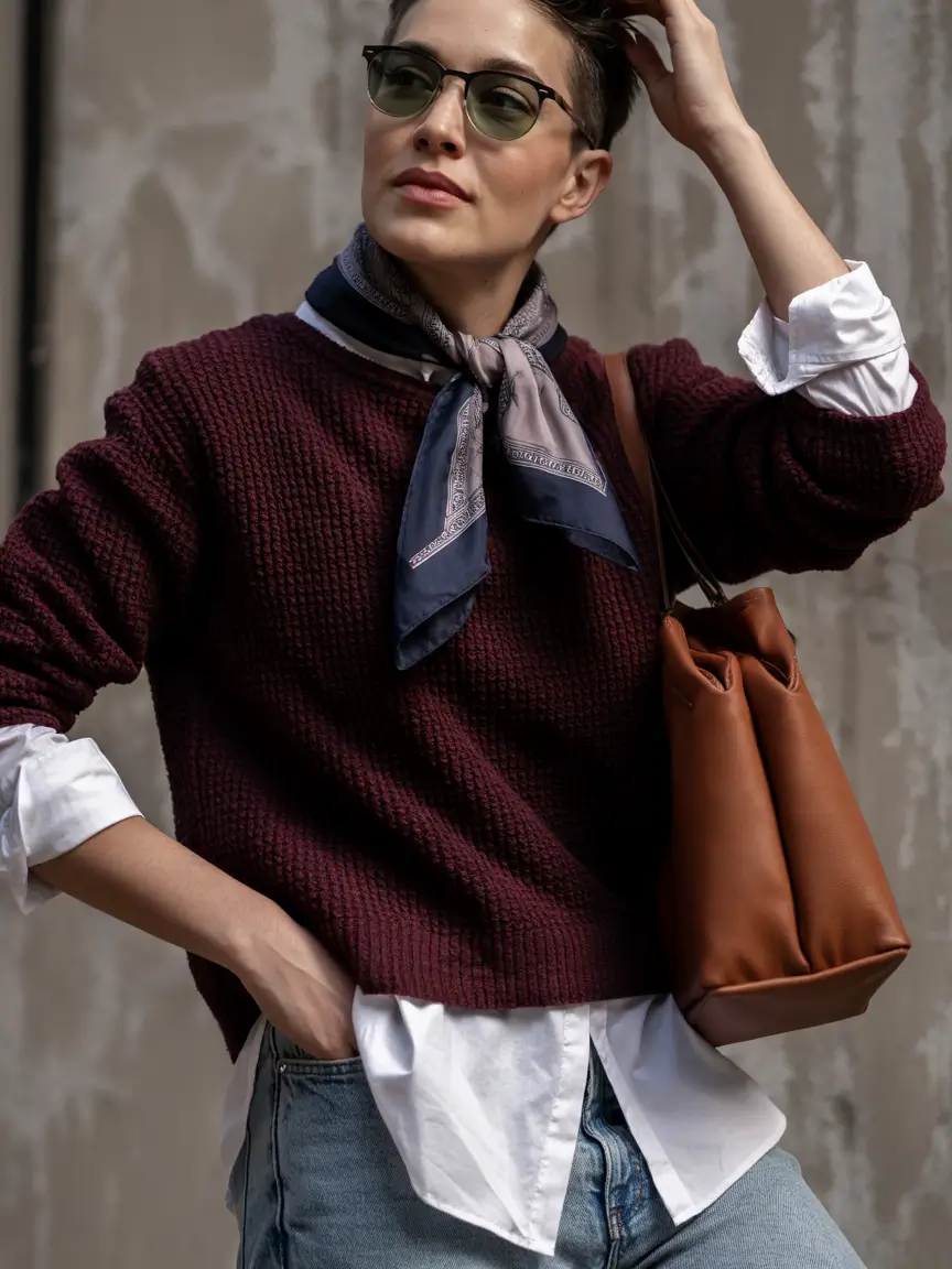 Fall to Winter 2025 Outfit Ideas Burgundy Sweater & Scarf Accent