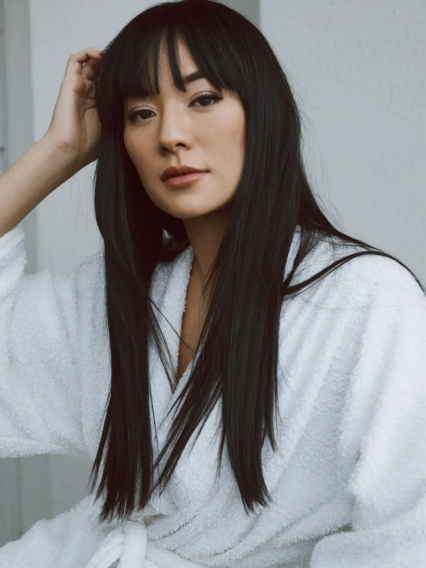 Haircuts to Try in October 2025 Silky Black with Long Fringe