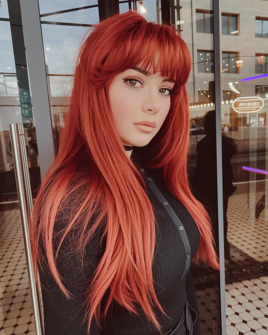 Haircuts to Try in October 2025 Vibrant Red with Full Fringe