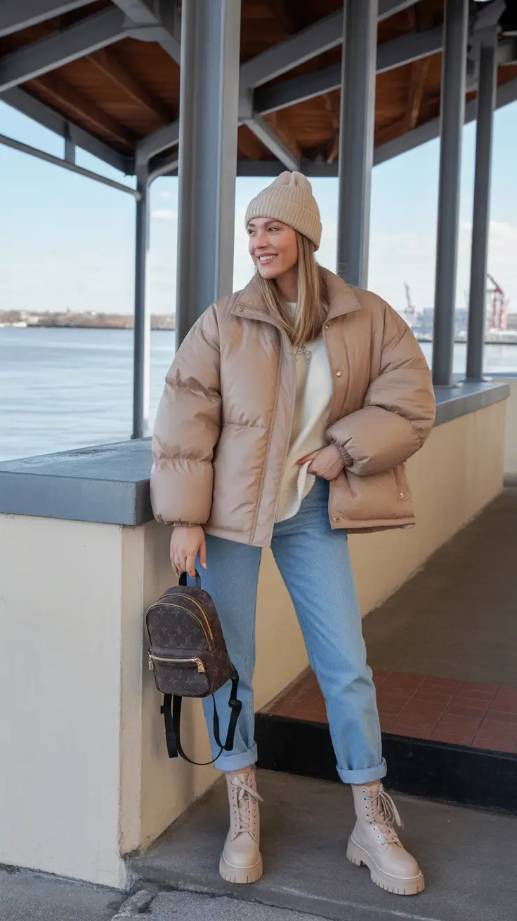 NYC Winter Outfits 2025 / 2026 Street Style Guide Neutral Puffer and Everyday Denim
