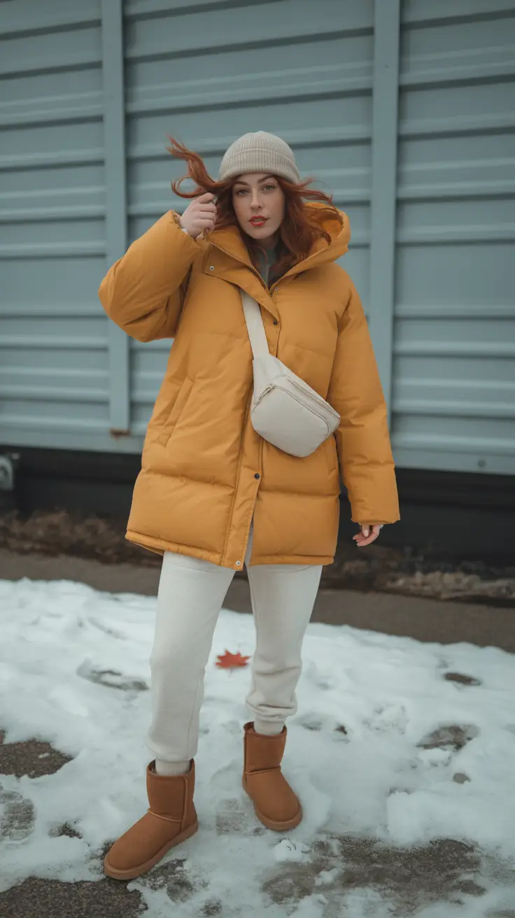 NYC Winter Outfits 2025 / 2026 Street Style Guide Yellow Puffer and Snow Boots
