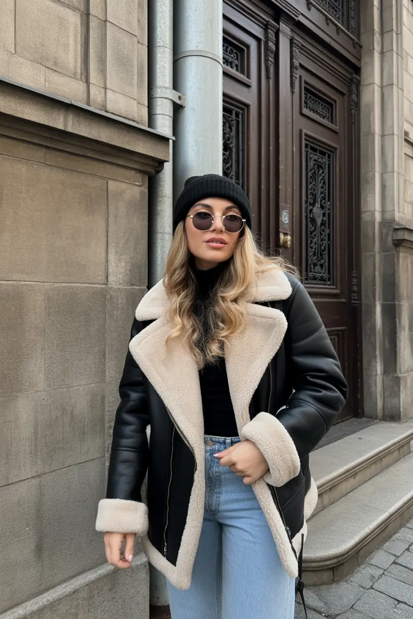 NYC Winter Outfits 2025 / 2026 Street Style Guide Shearling Jacket with Light Denim
