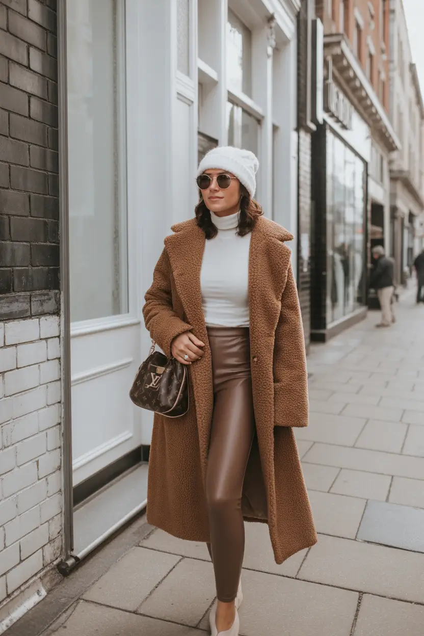 NYC Winter Outfits 2025 / 2026 Street Style Guide Teddy Coat with Sleek Leather Leggings