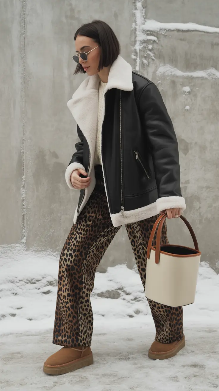 NYC Winter Outfits 2025 / 2026 Street Style Guide Shearling Jacket with Leopard Pants