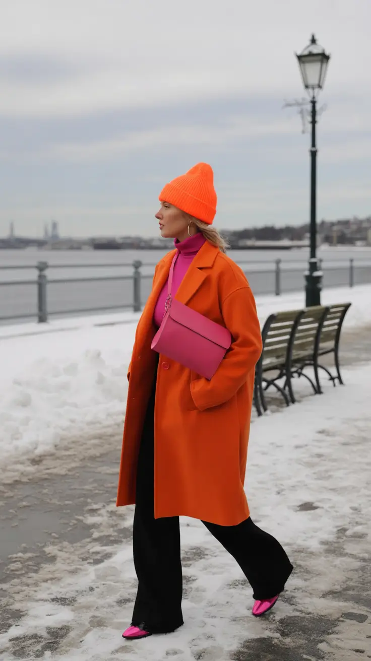NYC Winter Outfits 2025 / 2026 Street Style Guide Bright Orange and Fuchsia Statement