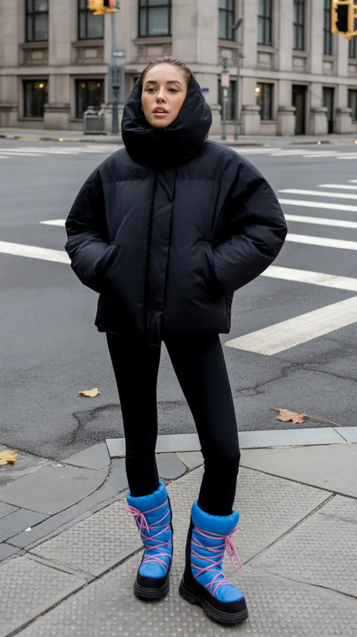 NYC Winter Outfits 2025 / 2026 Street Style Guide Sporty Black Puffer with Bold Boots