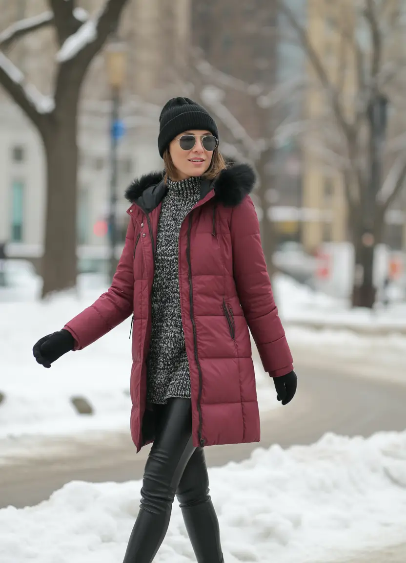 NYC Winter Outfits 2025 / 2026 Street Style Guide Burgundy Puffer and Leather Pants