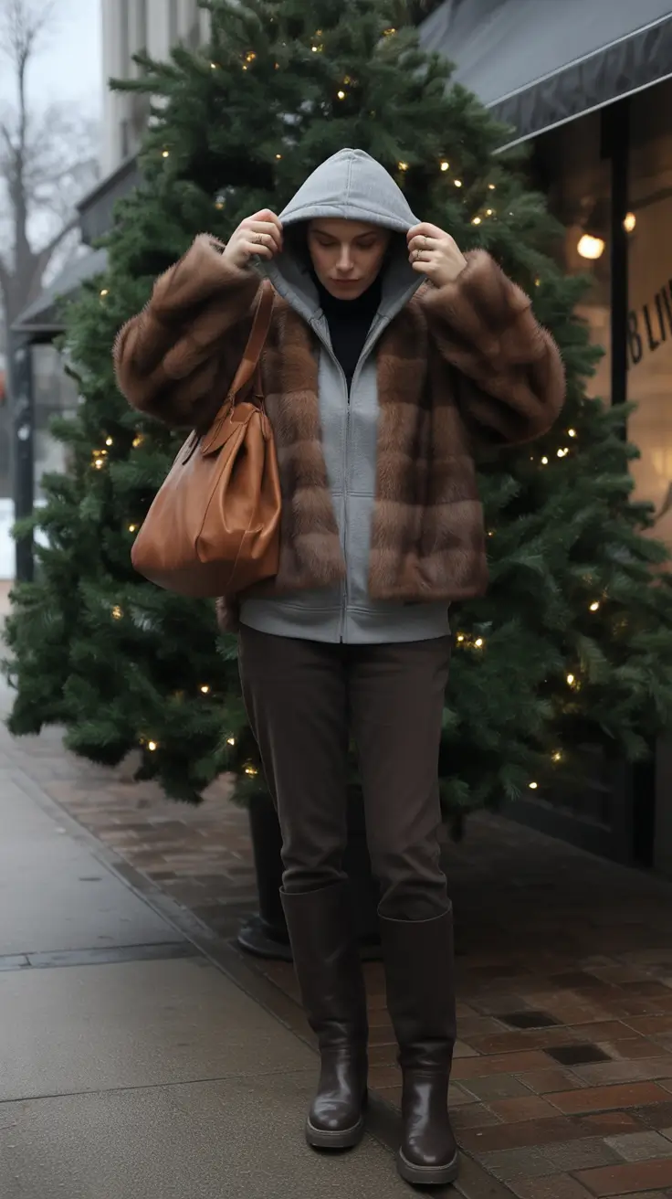 NYC Winter Outfits 2025 / 2026 Street Style Guide Fur Jacket with Hoodie Layering