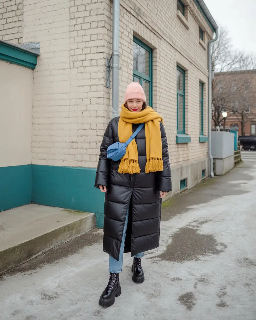 NYC Winter Outfits 2025 / 2026 Street Style Guide Long Puffer with Bright Accessories