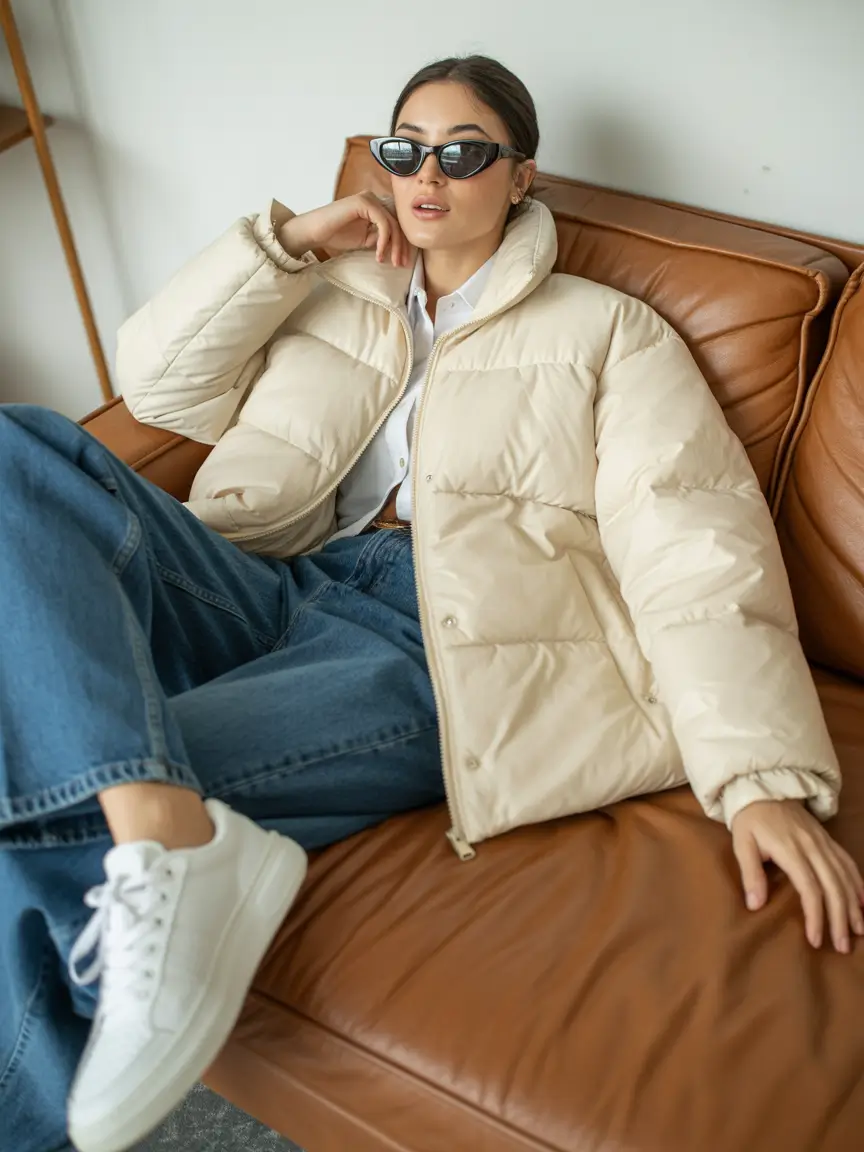 NYC Winter Outfits 2025 / 2026 Street Style Guide Cream Puffer with Denim and Sneakers