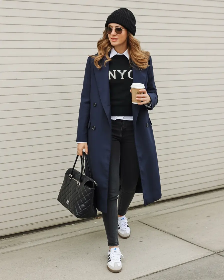 NYC Winter Outfits 2025 / 2026 Street Style Guide Navy Coat and Logo Sweater