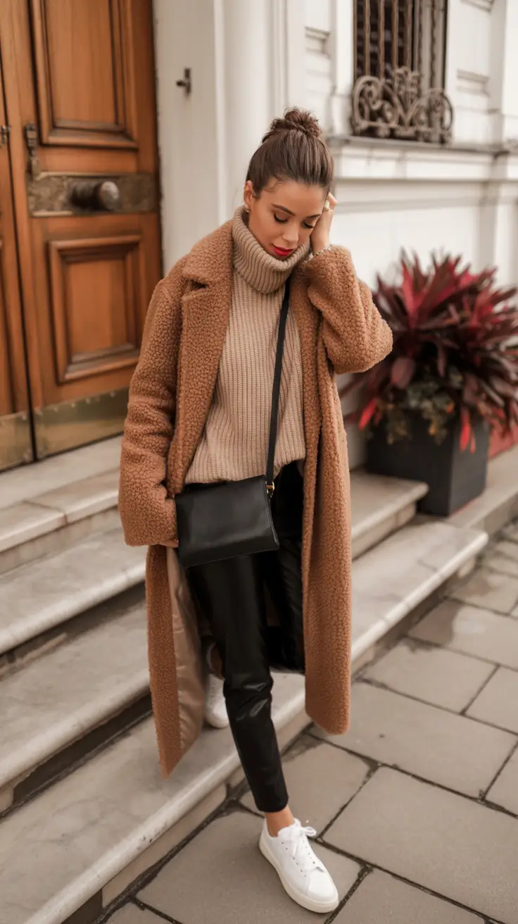 NYC Winter Outfits 2025 / 2026 Street Style Guide Teddy Coat and Leather Pants