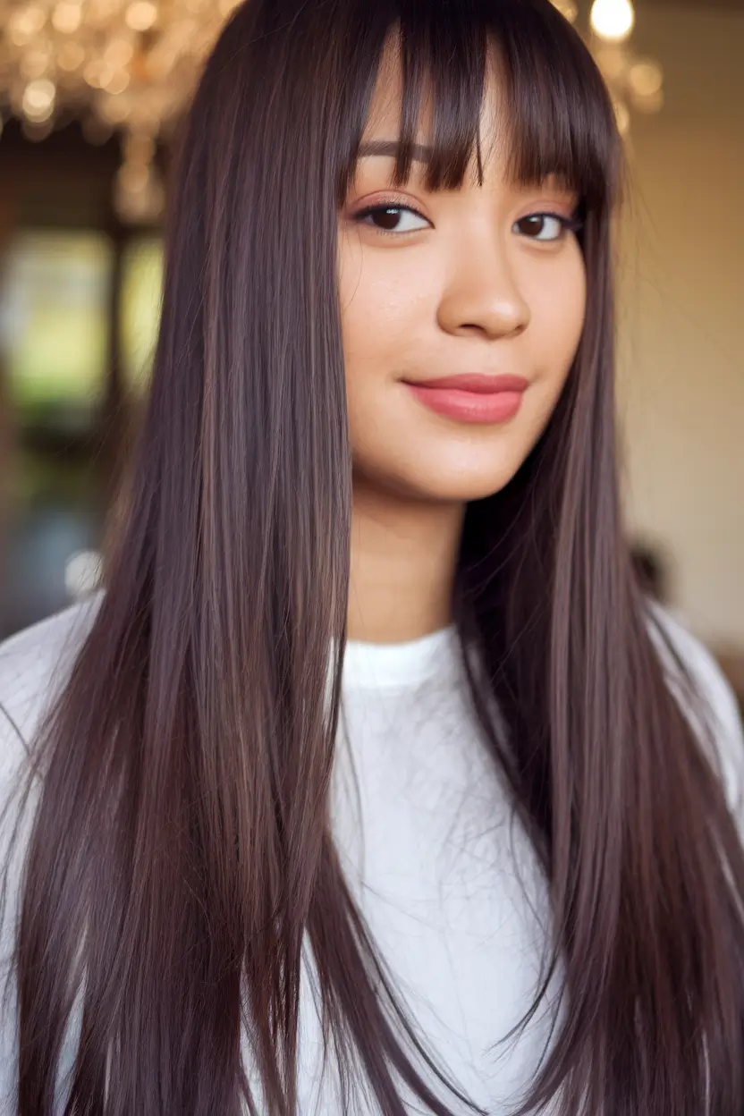 October 2025 Fall Hair Color Trends Classic Dark Brunette with Bangs