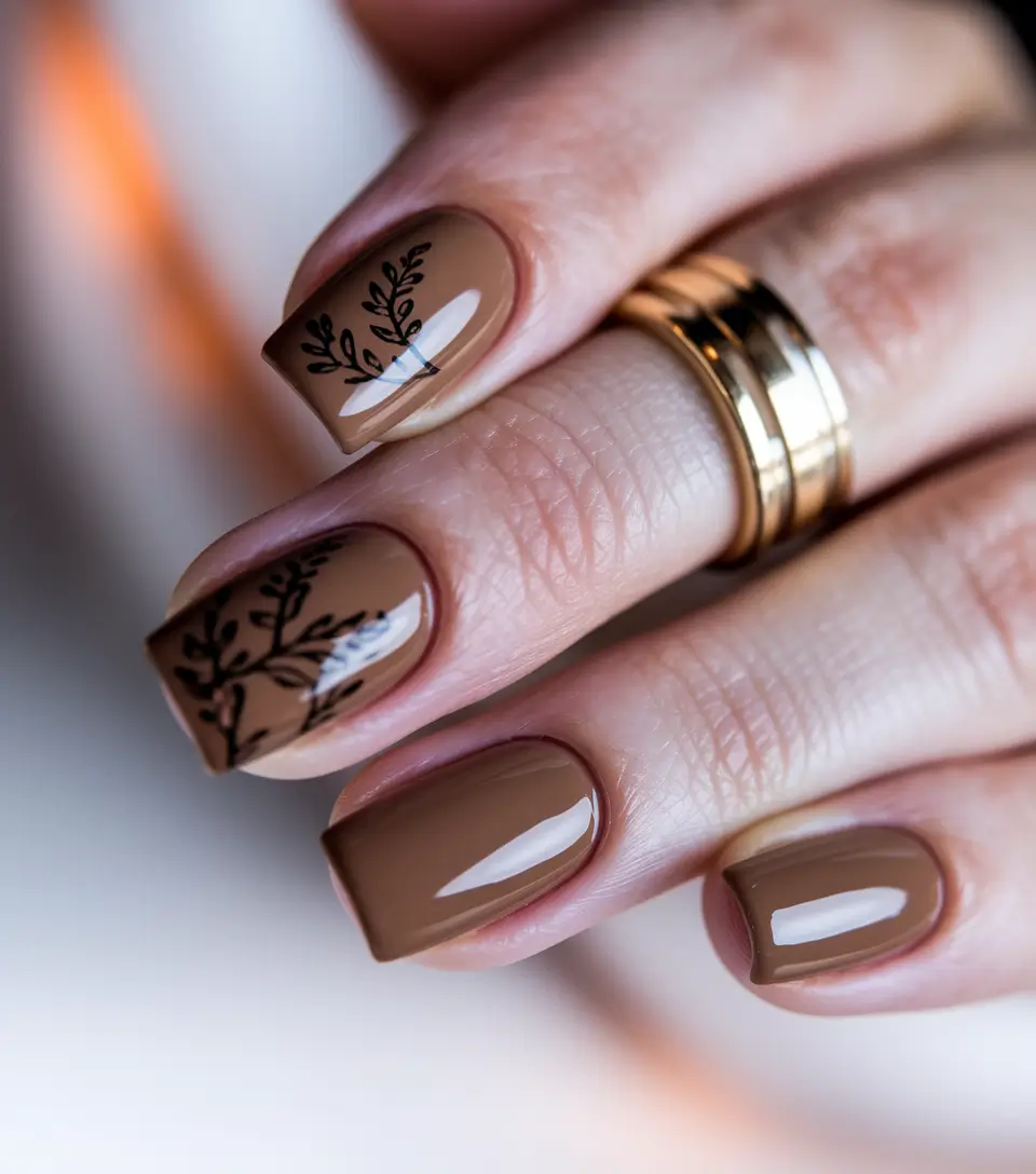 October 2025 Nail Colors Ideas Earthy Brown with Leaf Detailing