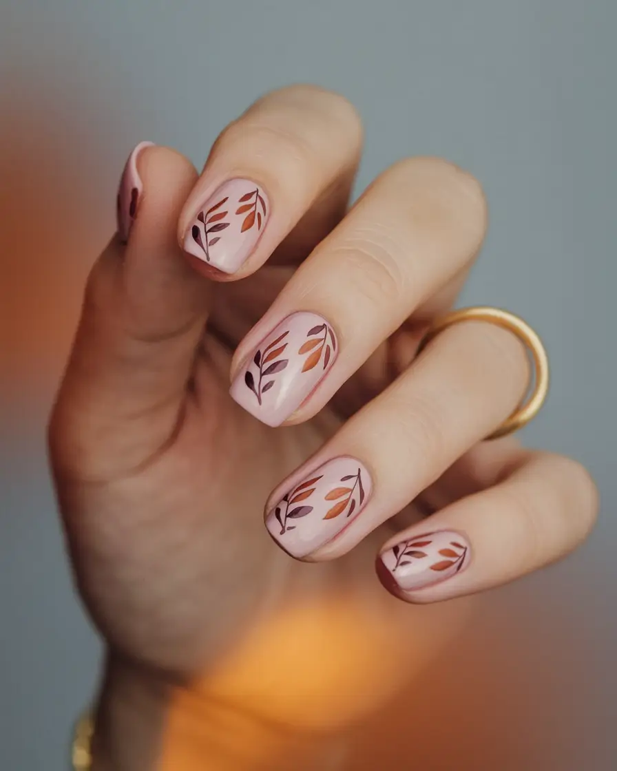 October 2025 Nail Colors Ideas Soft Nude with Autumn Leaf Art