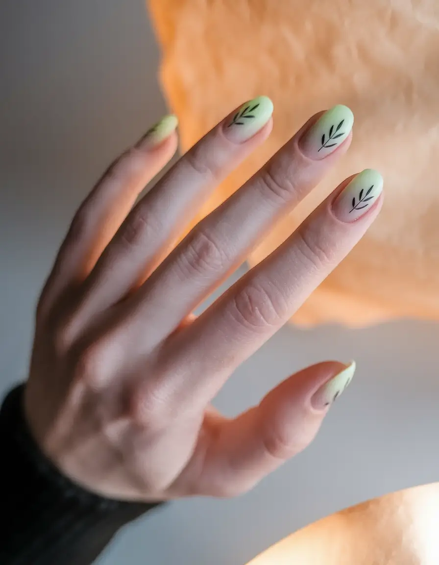 October 2025 Nail Colors Ideas Pastel Green with Minimalist Leaves