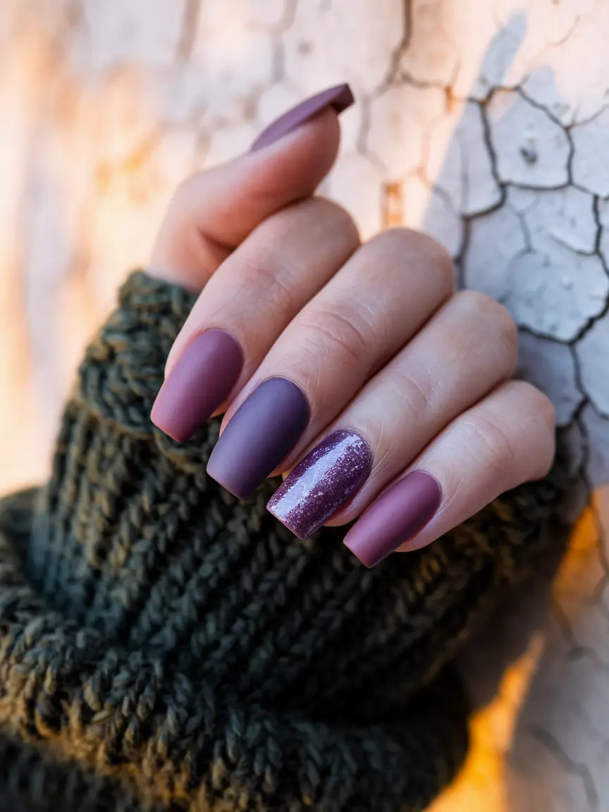 October 2025 Nail Colors Ideas Matte Mauve with Glitter Accent