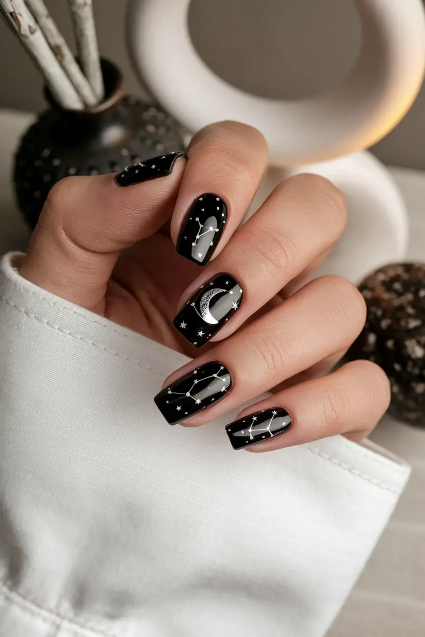 October 2025 Nail Colors Ideas Celestial Black Constellations