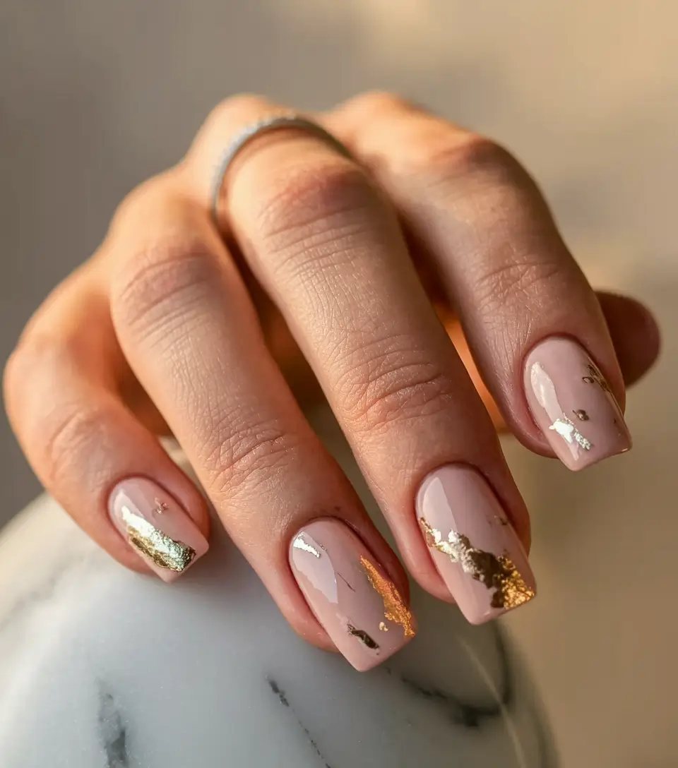 October 2025 Nail Colors Ideas Rose Nude with Gold Leaf Foil