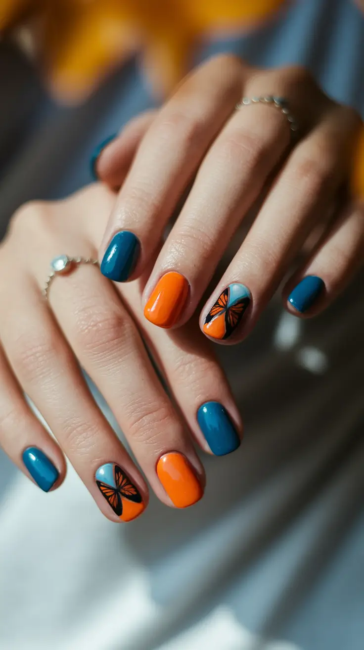 October 2025 Nail Colors Ideas Bold Blue and Orange Butterfly Contrast