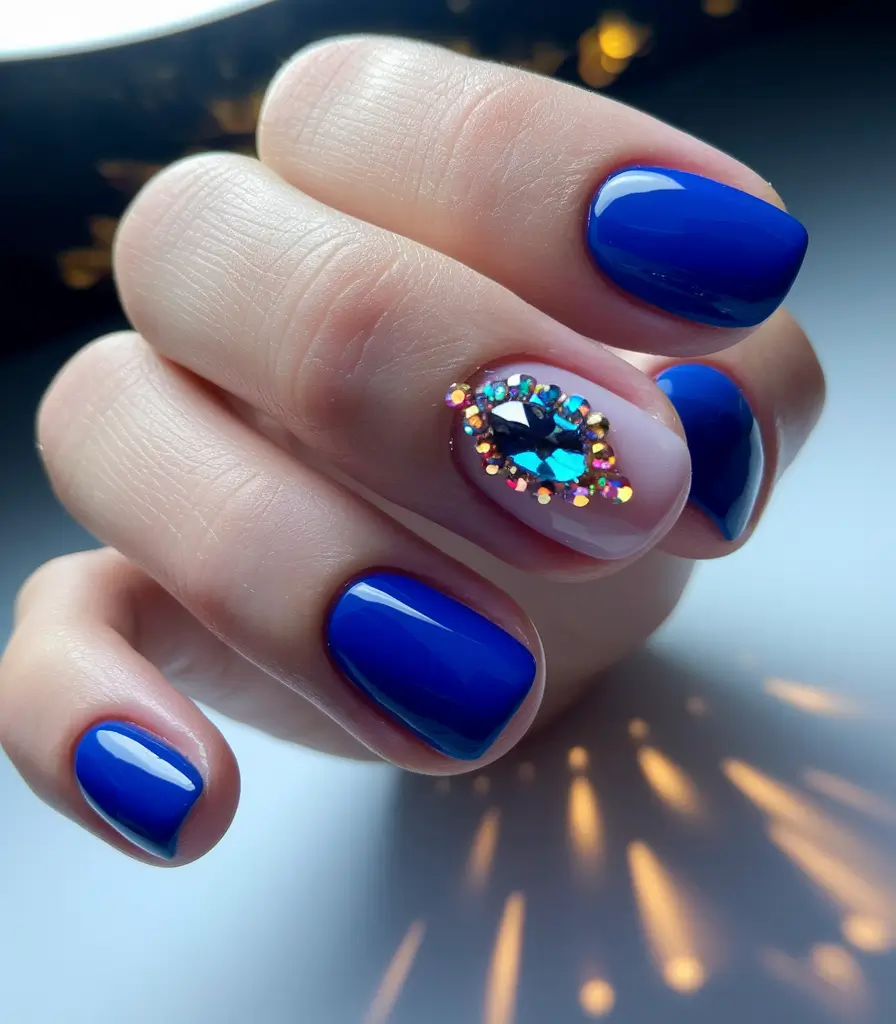 October 2025 Nail Colors Ideas Royal Blue with Jewel Accent