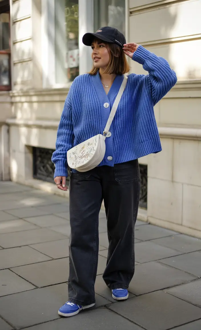 Outfit Inspiration for Winter 2025 / 2026 Blue Knit with Relaxed Denim
