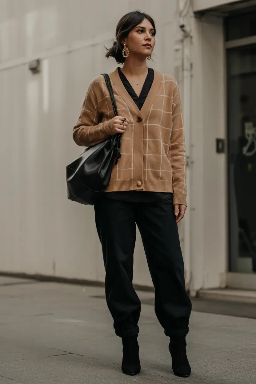 Outfit Inspiration for Winter 2025 / 2026 Checked Cardigan with Relaxed Elegance