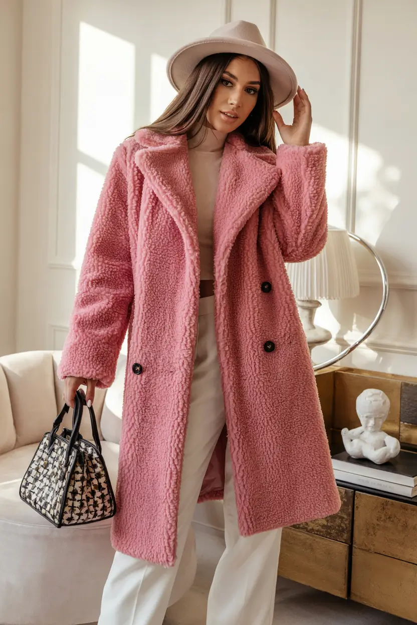 Outfit Inspiration for Winter 2025 / 2026 Pretty in Pink Teddy Coat