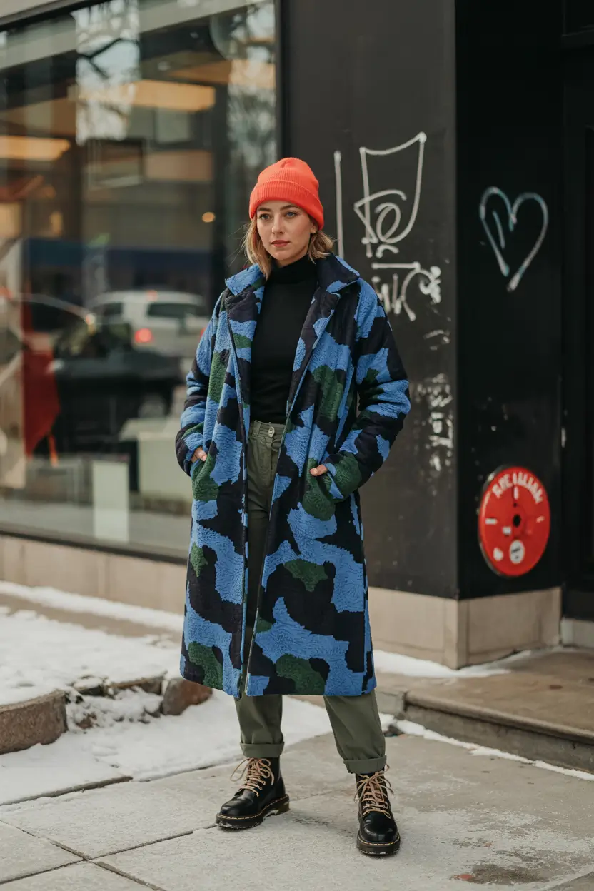 Outfit Inspiration for Winter 2025 / 2026 Urban Camo with a Pop of Orange