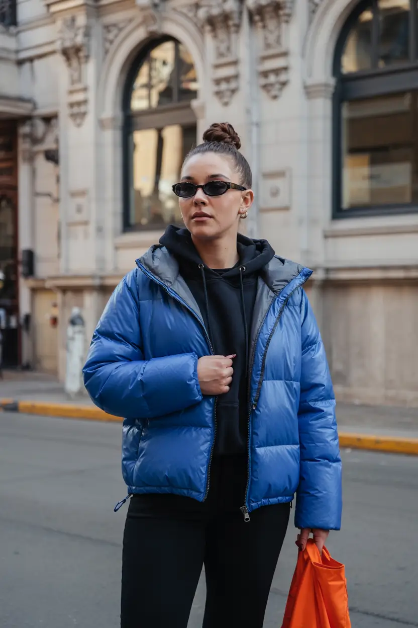 Outfit Inspiration for Winter 2025 / 2026 Blue Puffer and Relaxed Hoodie Combo
