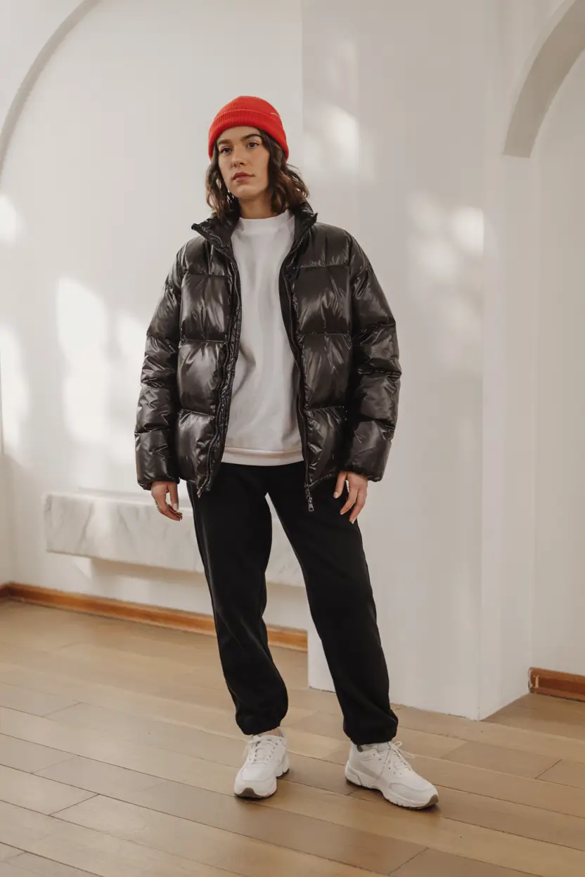 Outfit Inspiration for Winter 2025 / 2026 Relaxed Puffer with a Pop of Red