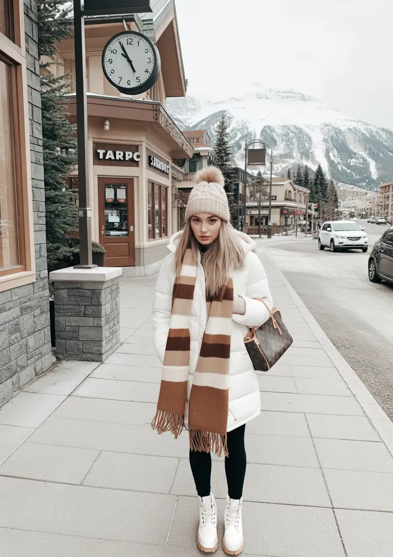 Outfits Aesthetic for Winter 2025 - 2026 Cozy White Puffer and Striped Scarf Charm