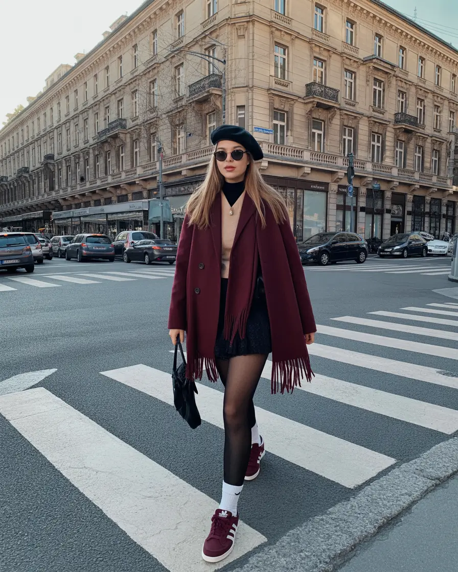 Outfits Aesthetic for Winter 2025 - 2026 Burgundy Coat with Beret and Skirt Play