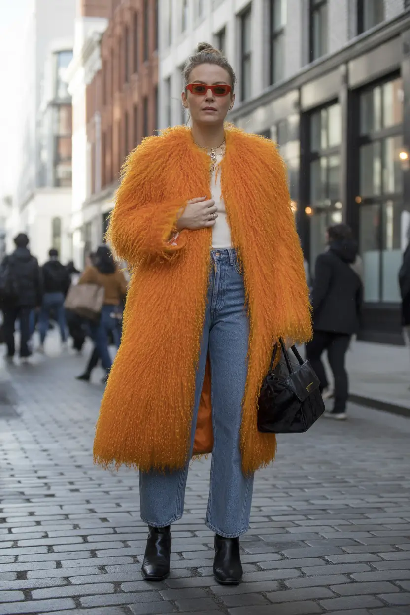 Outfits Aesthetic for Winter 2025 - 2026 Bold Orange Faux Fur Statement