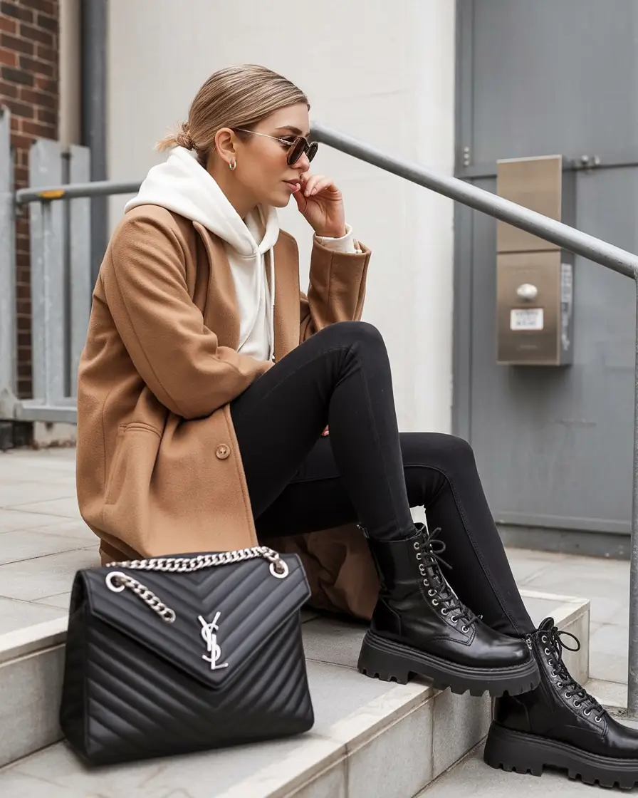 Outfits Aesthetic for Winter 2025 - 2026 Neutral Hoodie and Camel Coat Balance