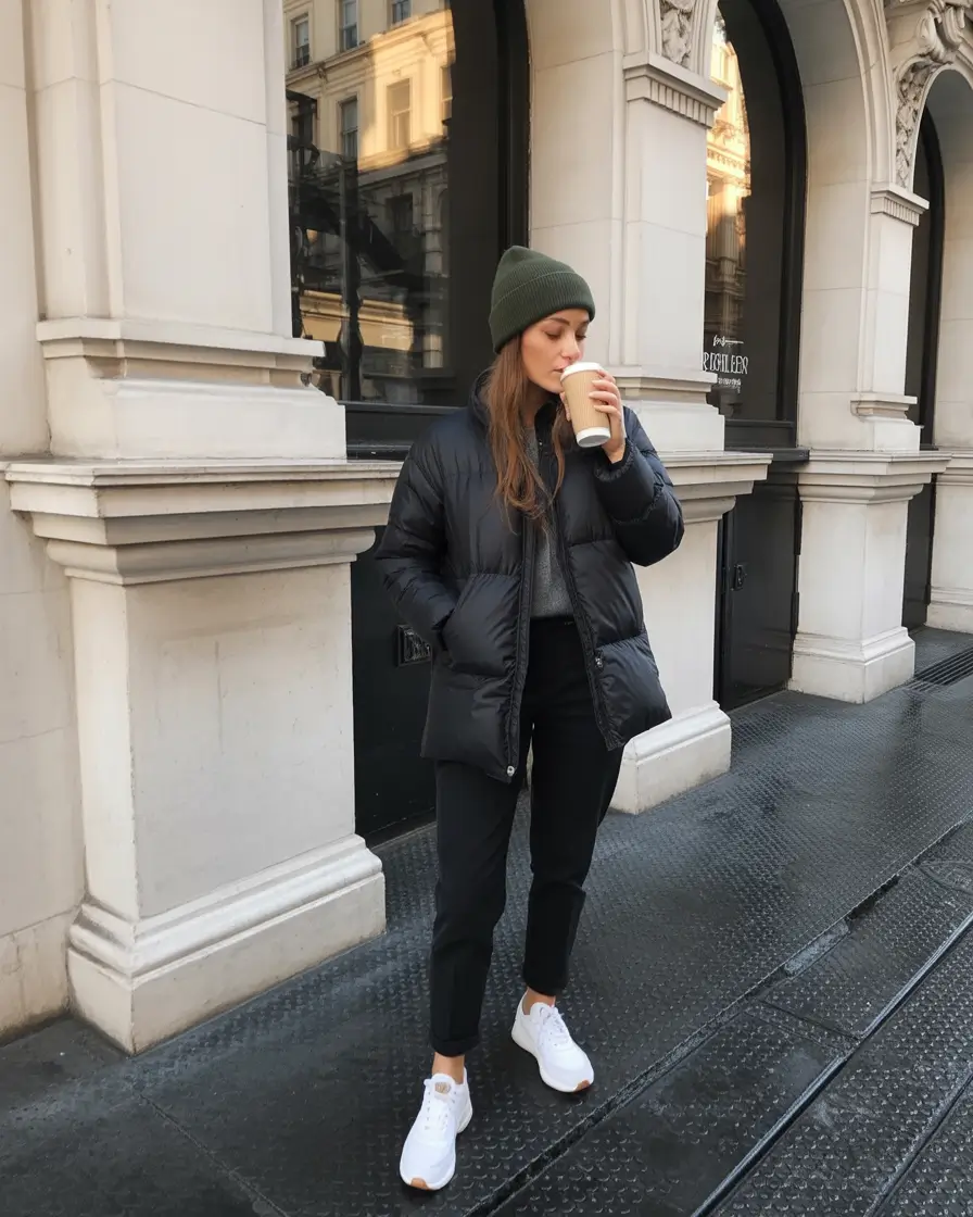 Outfits Aesthetic for Winter 2025 - 2026 Classic Puffer with Beanie and Sneakers