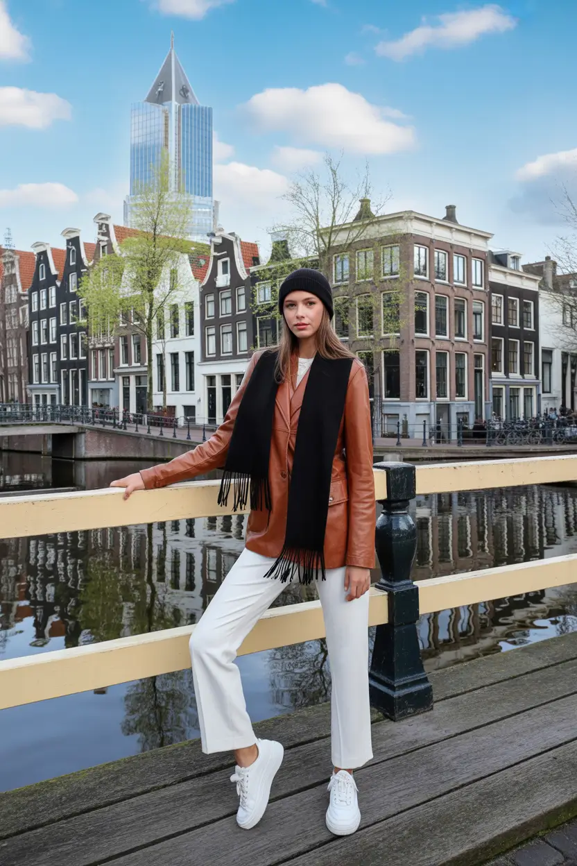 Outfits Aesthetic for Winter 2025 - 2026 Brown Leather Jacket with White Trousers