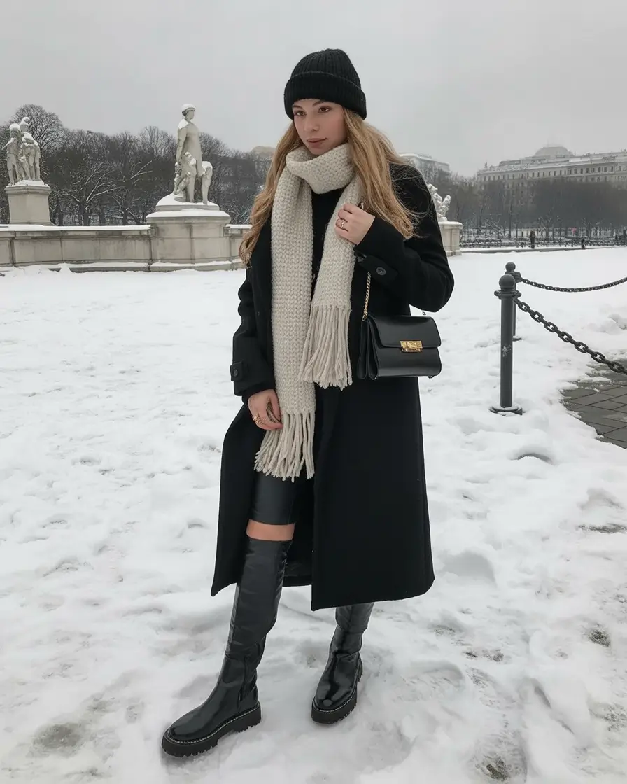 Outfits Aesthetic for Winter 2025 - 2026 Monochrome Black with Cozy Scarf Detail