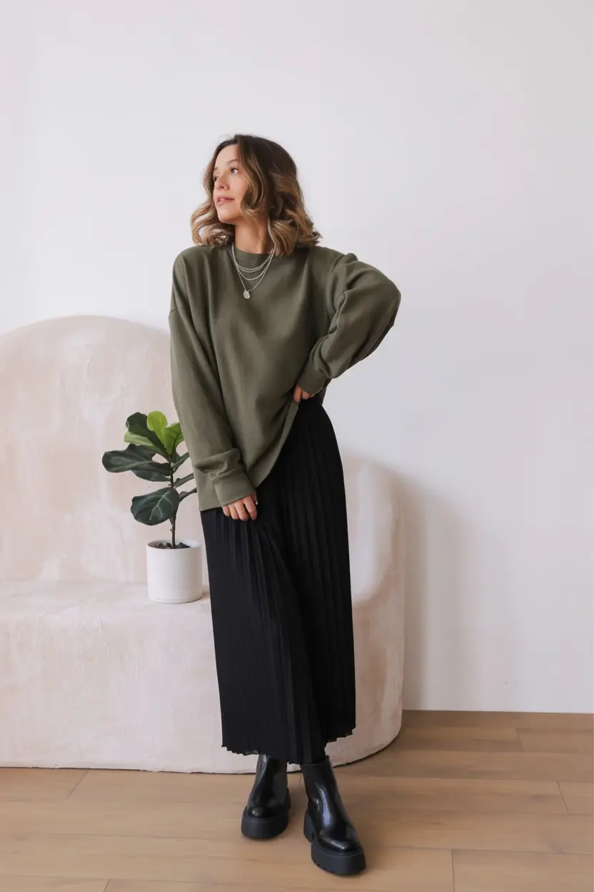Outfits Aesthetic for Winter 2025 - 2026 Warm Knit Sweater and Pleated Skirt