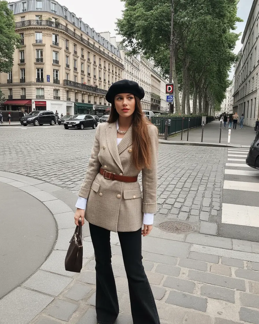Duotone image of a winter outfit with a beret, handbag, and taupe belted blazer